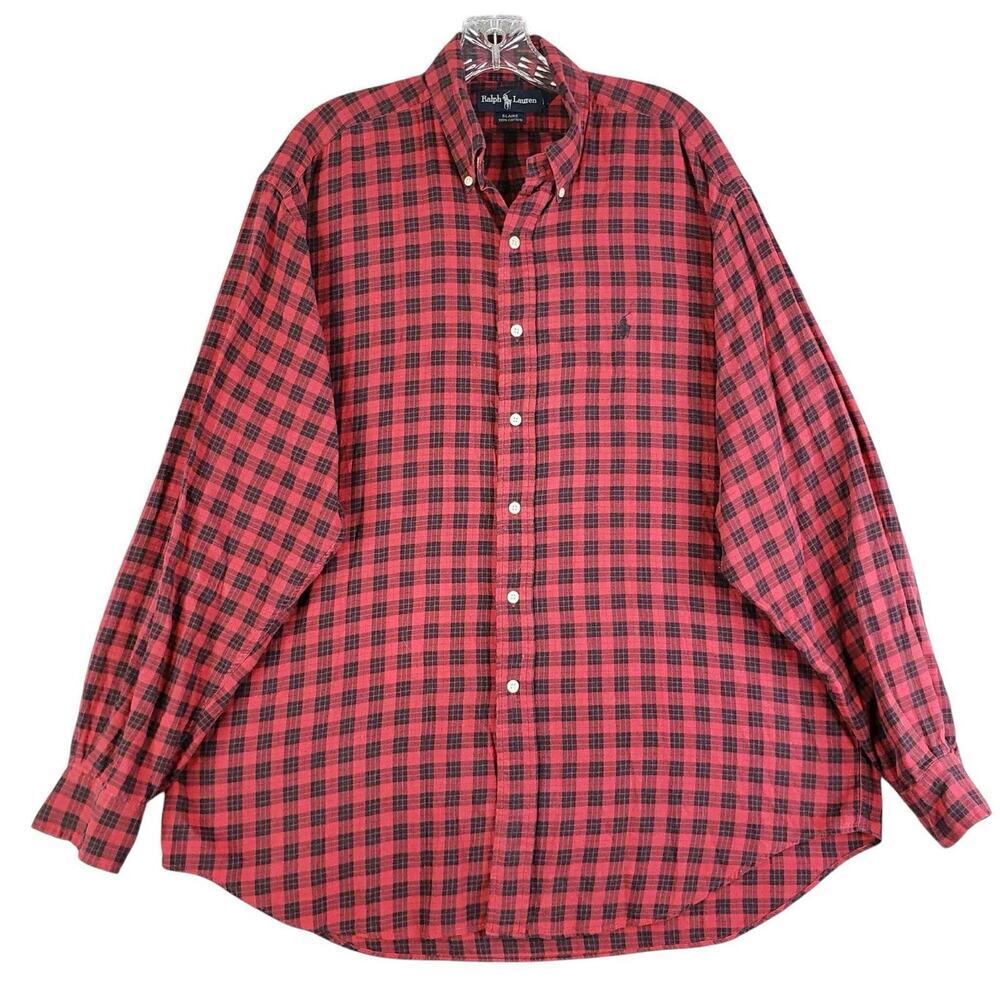 Polo Ralph Lauren Shirt Oxford Button Down Mens Large L Red Plaid LS Blaire - Picture 2 of 12